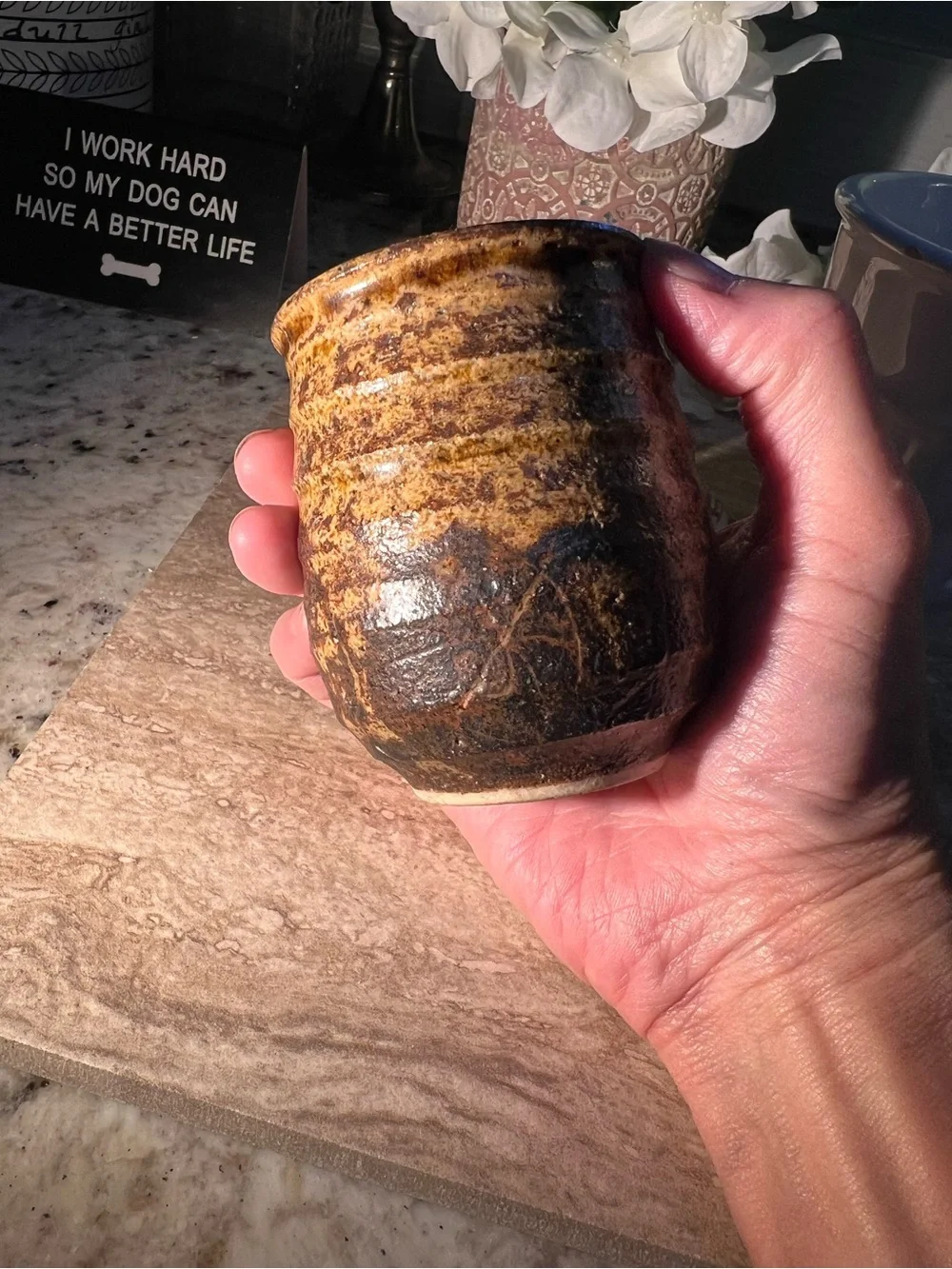 signed, Japanese Pottery w/ handpoured candle sm.